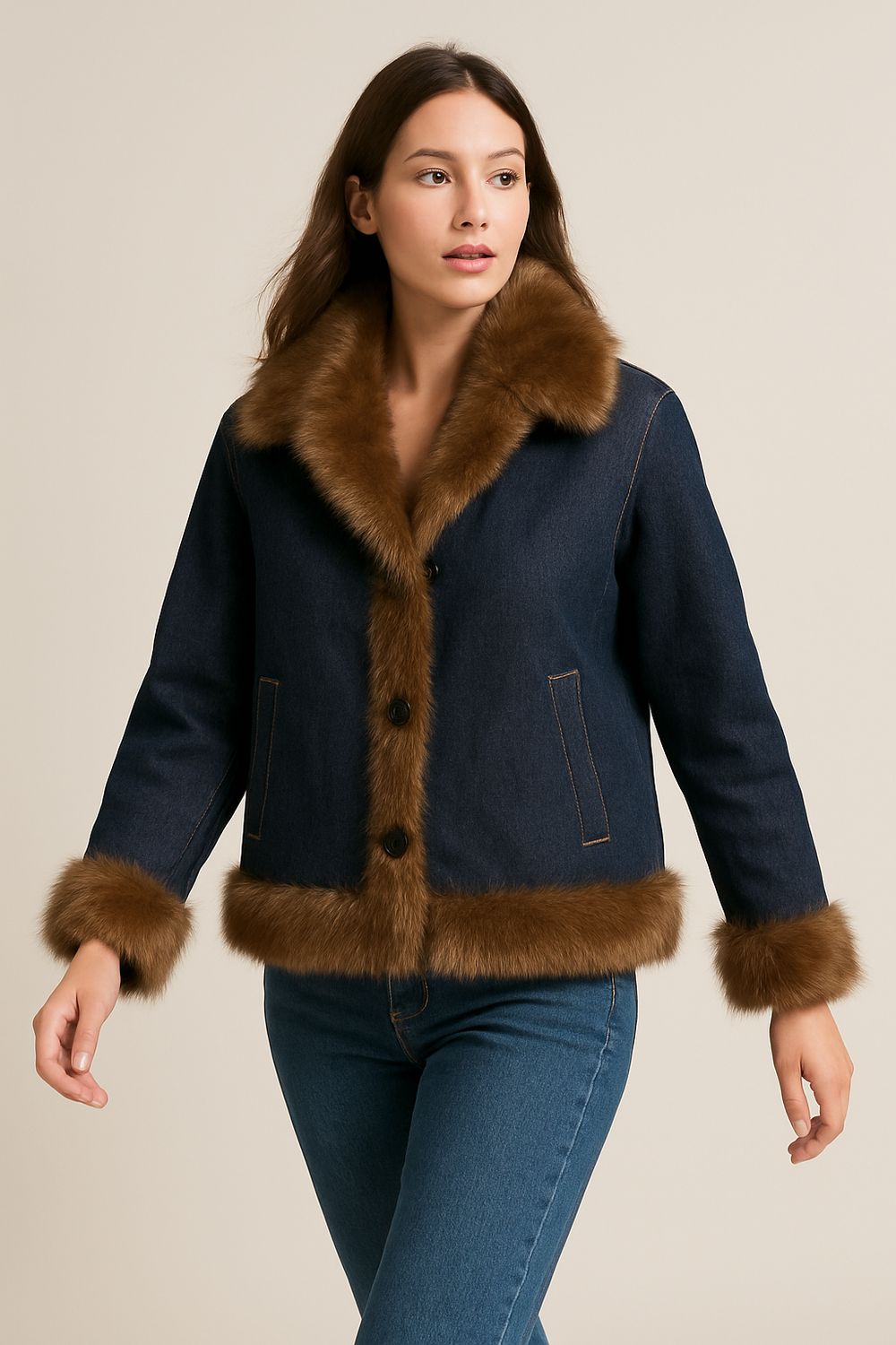 VICOLO - cappotto in jeans e pelliccia ecologica reversibile TF0079 - denim blu/moro VICOLO - cappotto in jeans e pelliccia ecologica reversibile TF0079 - denim blu/moro