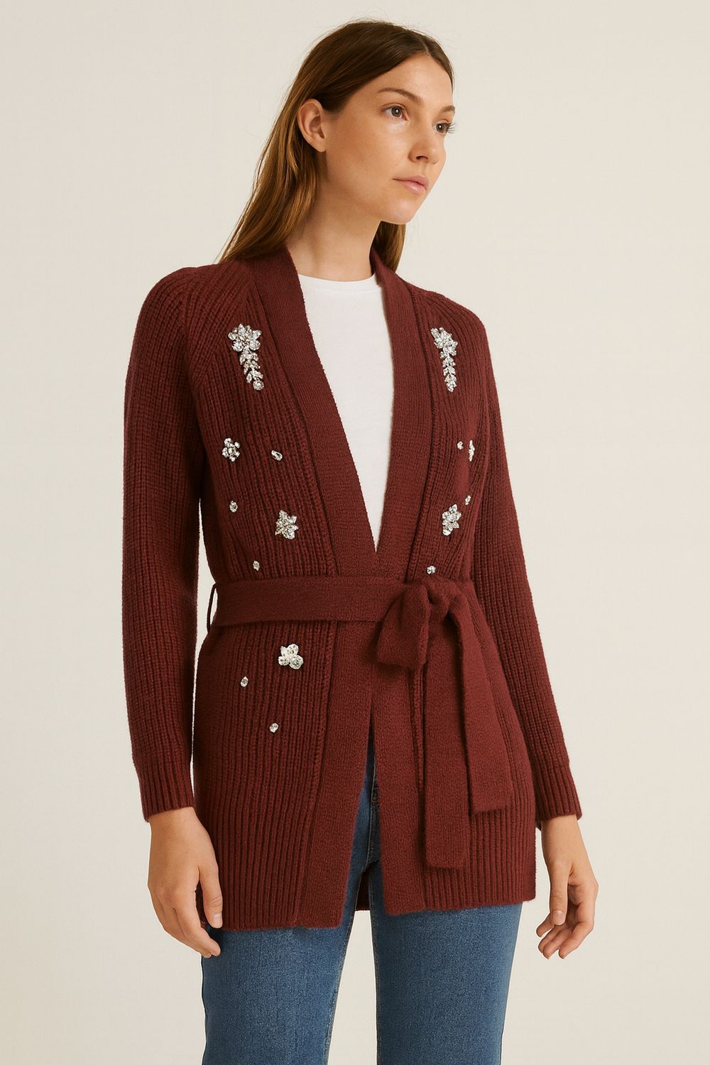 VICOLO - cardigan in maglia con pietre e cintura 55118F - bordeaux