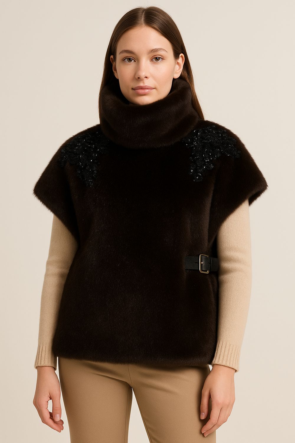 MOTEL - cappa in eco pelliccia con inserti in pizzo e perline sulle spalle AO964 - moro MOTEL - cappa in eco pelliccia con inserti in pizzo e perline sulle spalle AO964 - moro