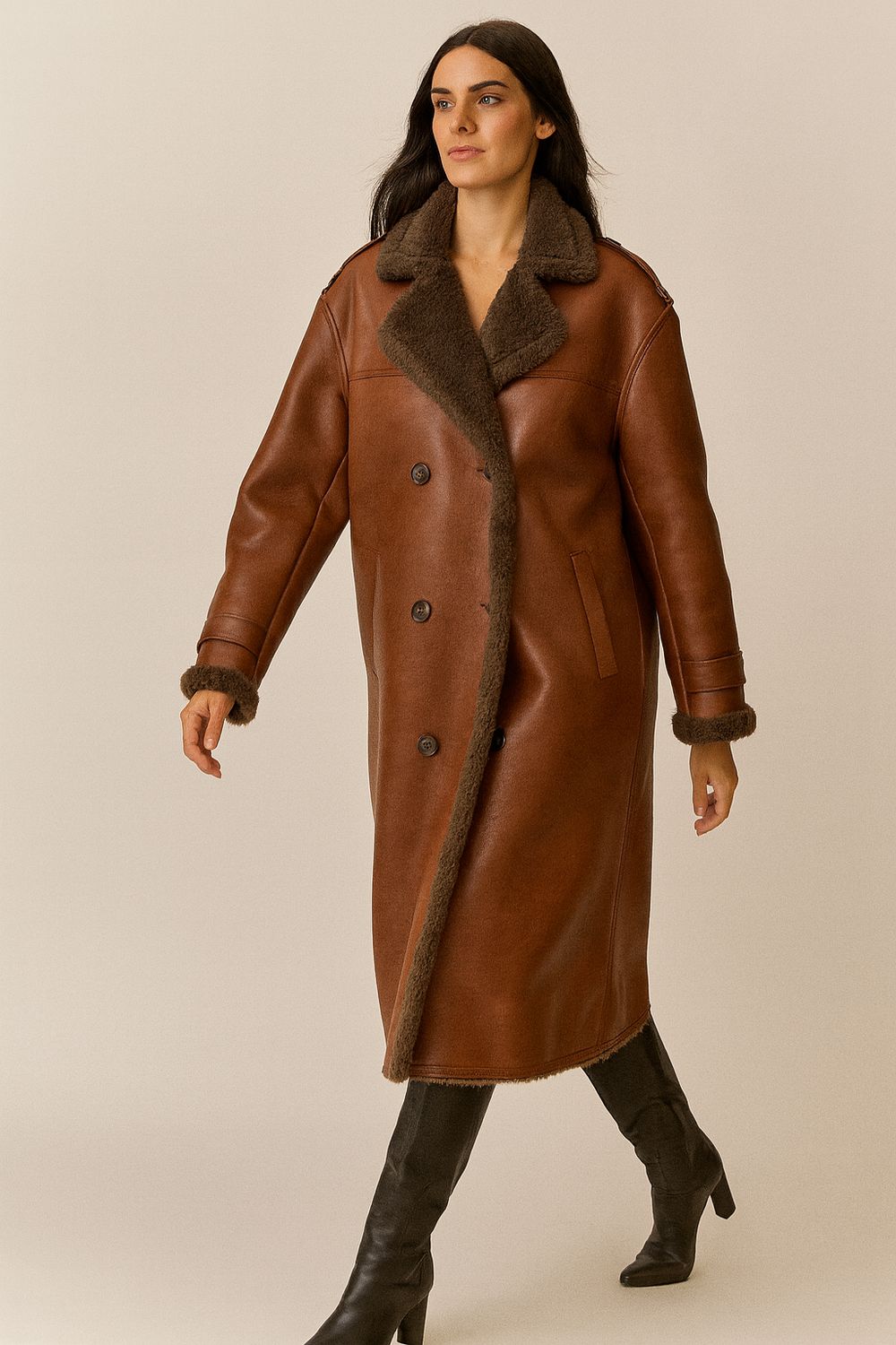 TENSIONE IN - cappotto in montone ecologico I2522139 - moro/camel TENSIONE IN - cappotto in montone ecologico I2522139 - moro/camel