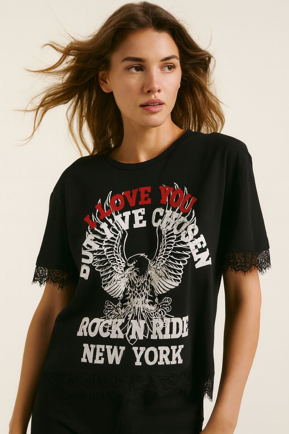 TENSIONE IN - t-shirt vintage con stampa e inserti in pizzo 37825 - nero