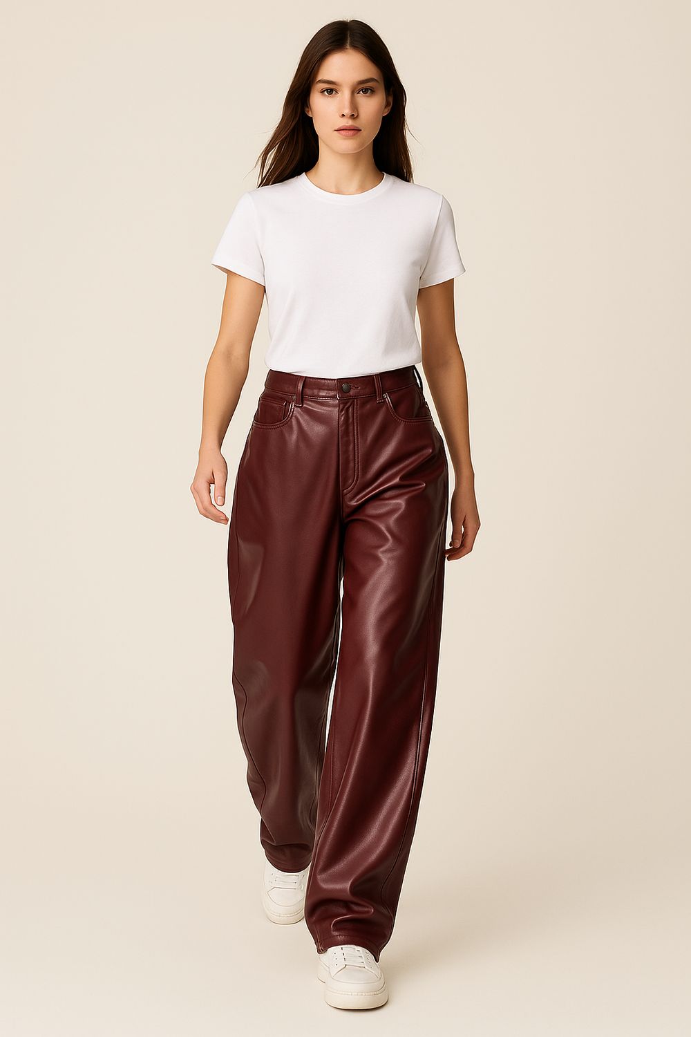 MOTEL - pantalone over modello banana con automatici finali per stringere sulla caviglia  in ecopelle PE961 - bordeaux