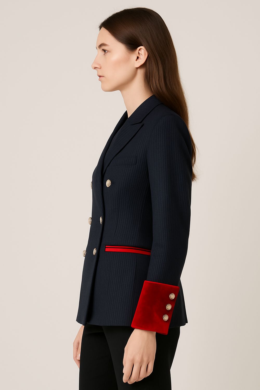 TENSIONE IN - giacca doppiopetto gessata con inserì in velluto rossi 37945 - blu/rosso TENSIONE IN - giacca doppiopetto gessata con inserì in velluto rossi 37945 - blu/rosso