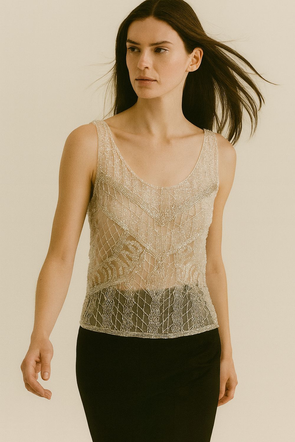 TENSIONE IN - blusa in paillettes toulle e perle 37547 - panna TENSIONE IN - blusa in paillettes toulle e perle 37547 - panna