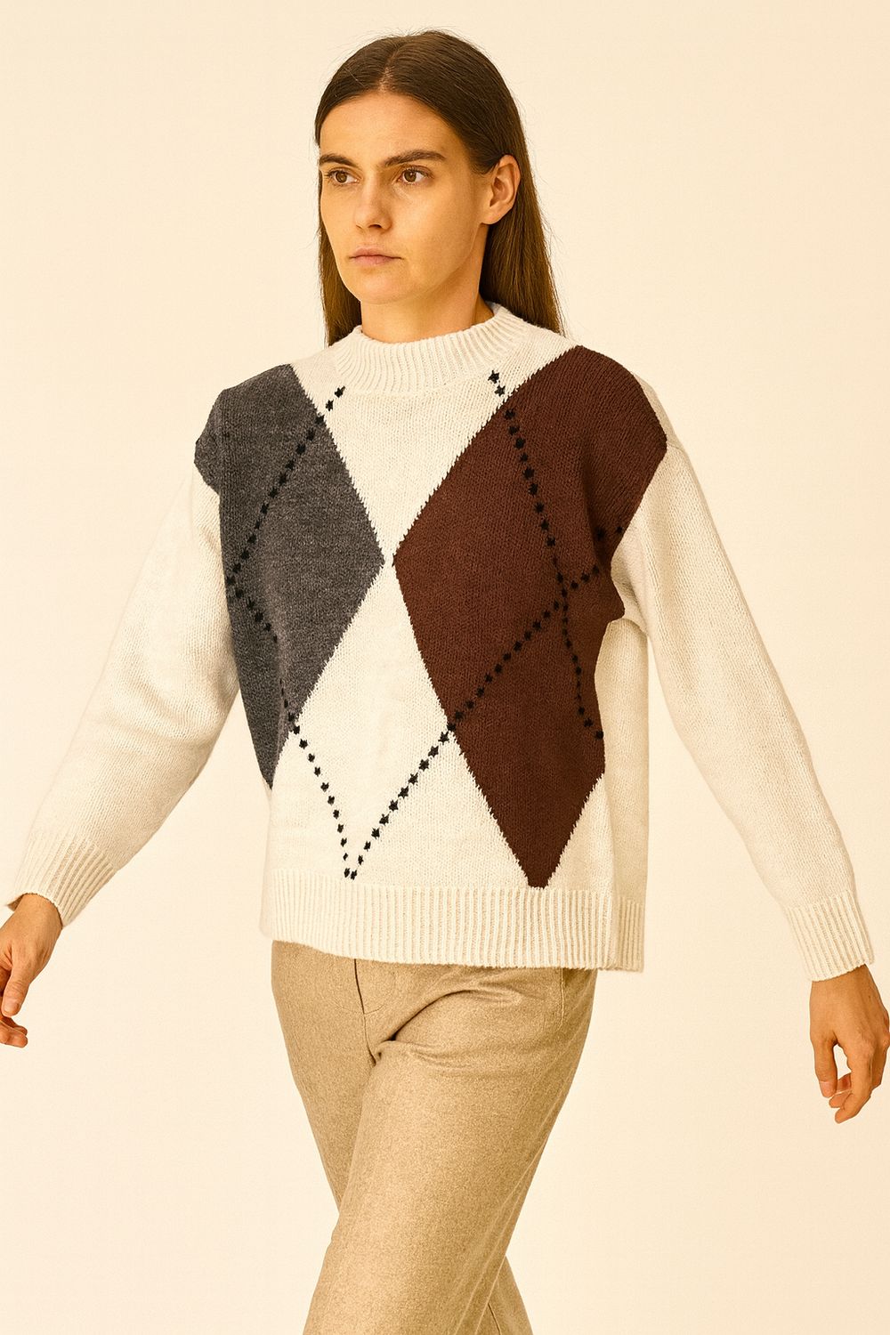 MOTEL - maglia a rombi over W5HMJ69A400 - panna/grigio/bordeax