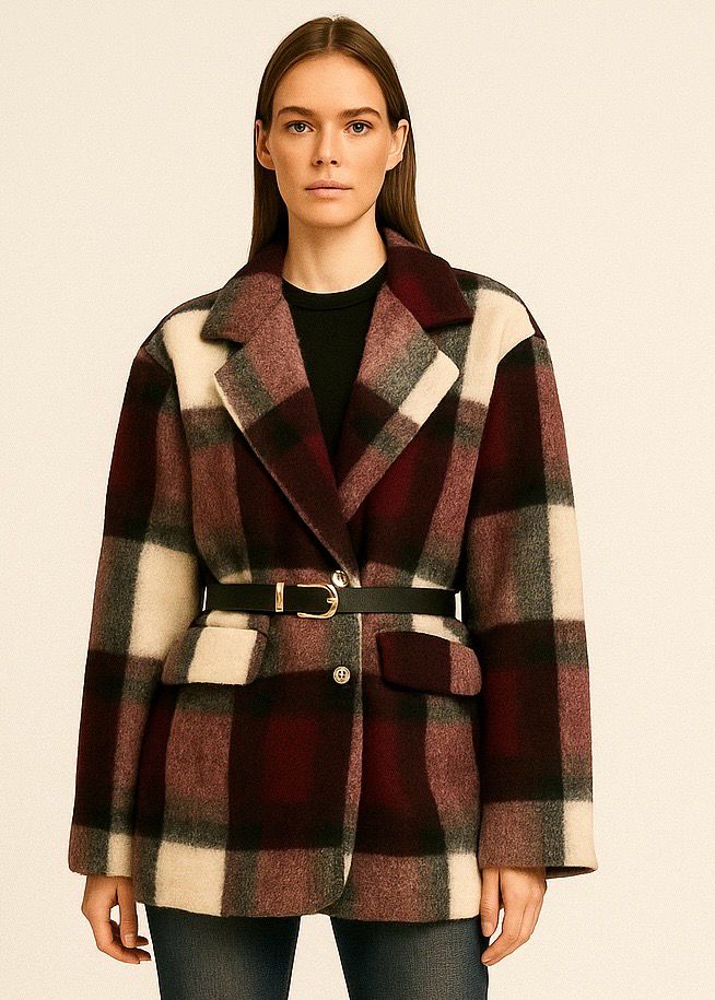 VICOLO - giacca over cappotto check con cintura TF1906 - bordeaux/panna