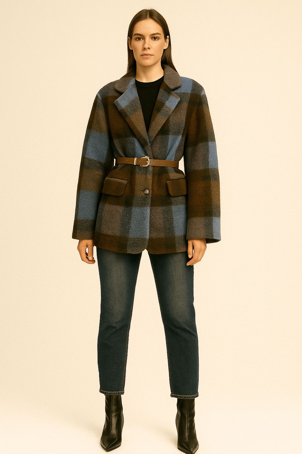 VICOLO - giacca over cappotto check con cintura TF1906 - moro/azzurro