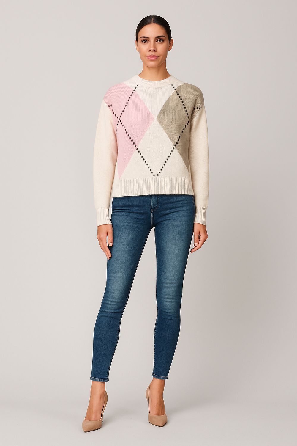 MOTEL - maglia over a rombi a girocollo W5HMJ69A400 - panna/rosa/tortora