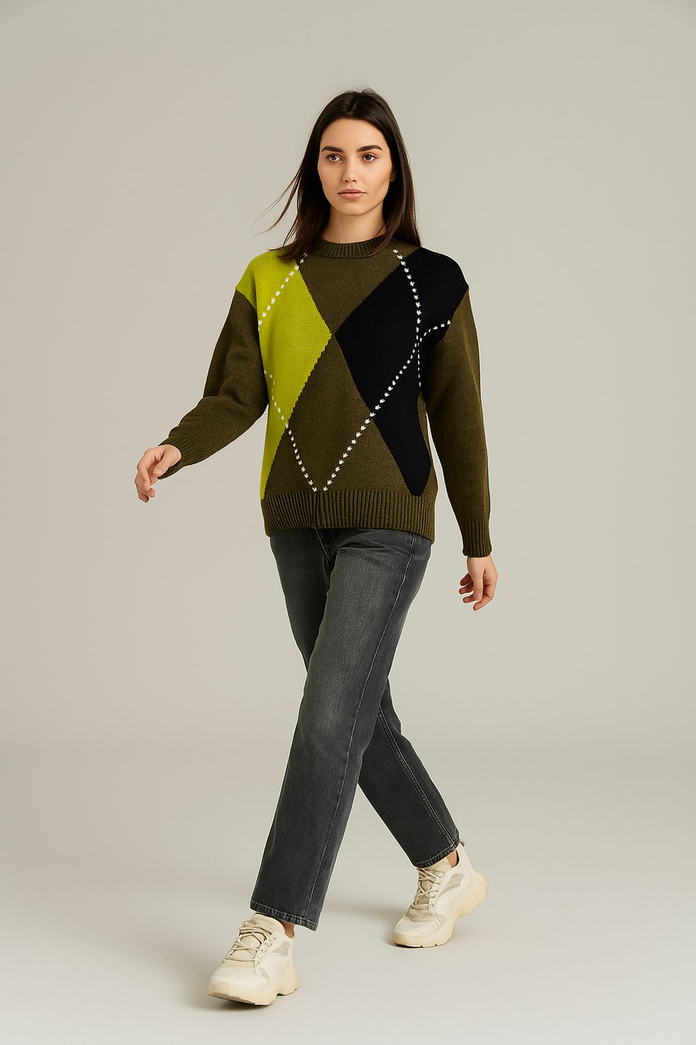 MOTEL - maglia over a rombi a girocollo W5HMJ69A400 - verde/lime/nero/panna