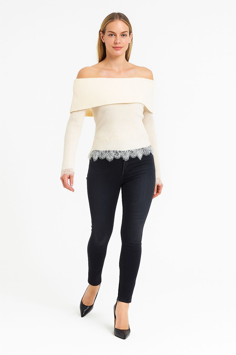 TENSIONE IN - maglia scollo Shiffer a costine con pizzo FW250091 - panna TENSIONE IN - maglia scollo Shiffer a costine con pizzo FW250091 - panna