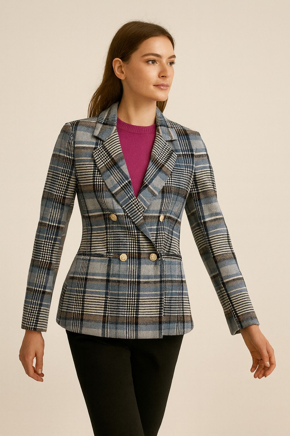 TENSIONE IN - giacca doppiopetto avvitata check 26B1424- celeste