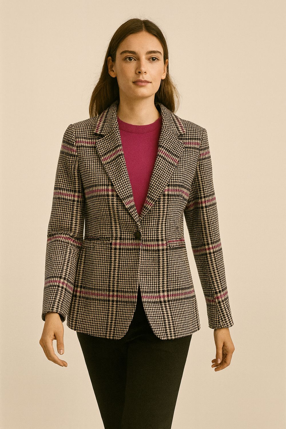 TENSIONE IN- giacca avvitata monopetto check 26B1524 - fucsia/moro/beige/moro/nero