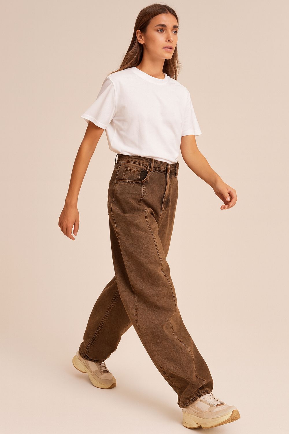 MOTEL - Jeans Baloon scolorito con cuciture davanti e cintura GREY-654P - Marrone MOTEL - Jeans Baloon scolorito con cuciture davanti e cintura GREY-654P - Marrone