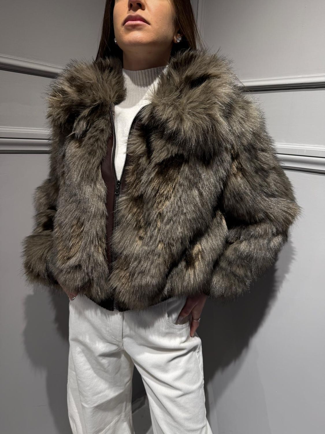 MOTEL - Giacca in pelliccia ecologica sfumata Moro/Beige - QT921