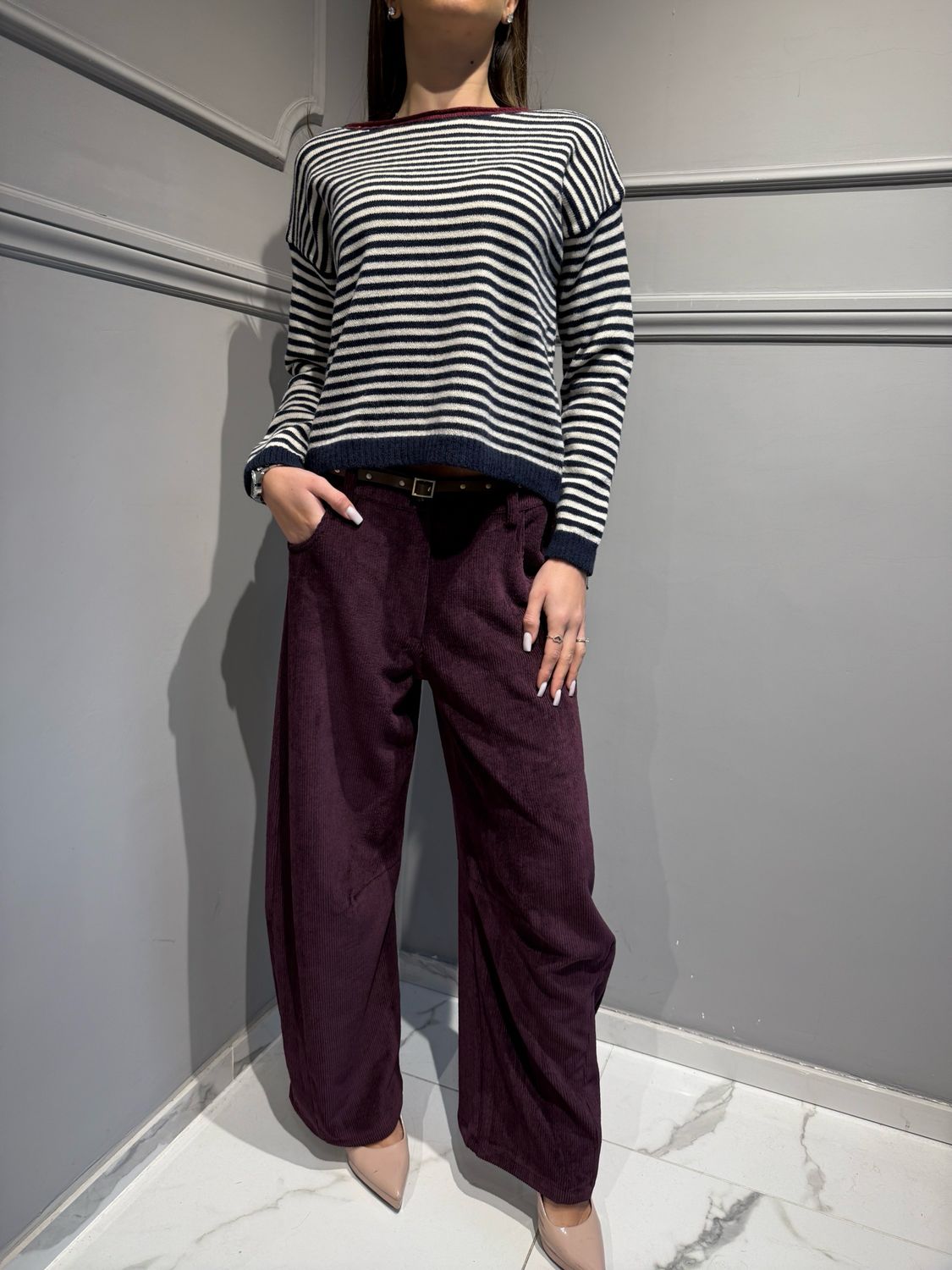 TENSIONE IN - maglia a scatoletta a righe 25866 blu/vino/latte