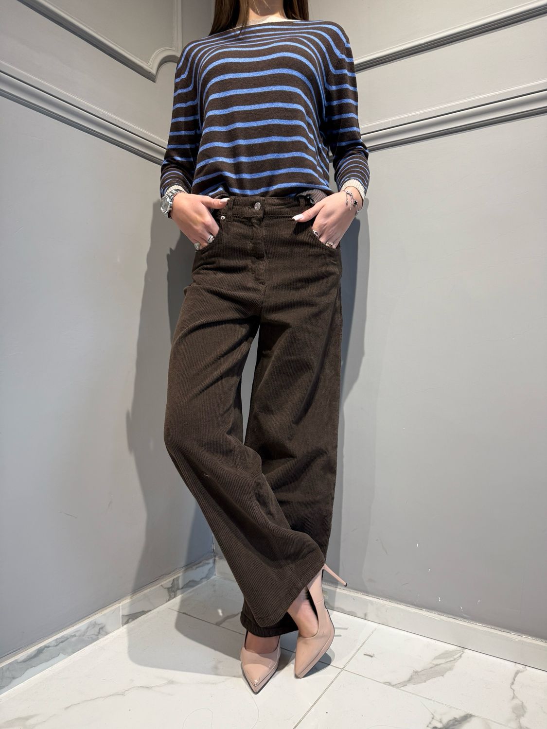 HAVE ONE - pantalone in velluto a coste a banana PLS-P238 moro