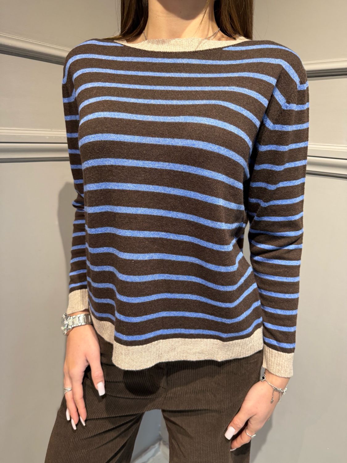 Tensione in - maglia a scatoletta a righe scollo barca 10848-ai 25 moro turchese beige