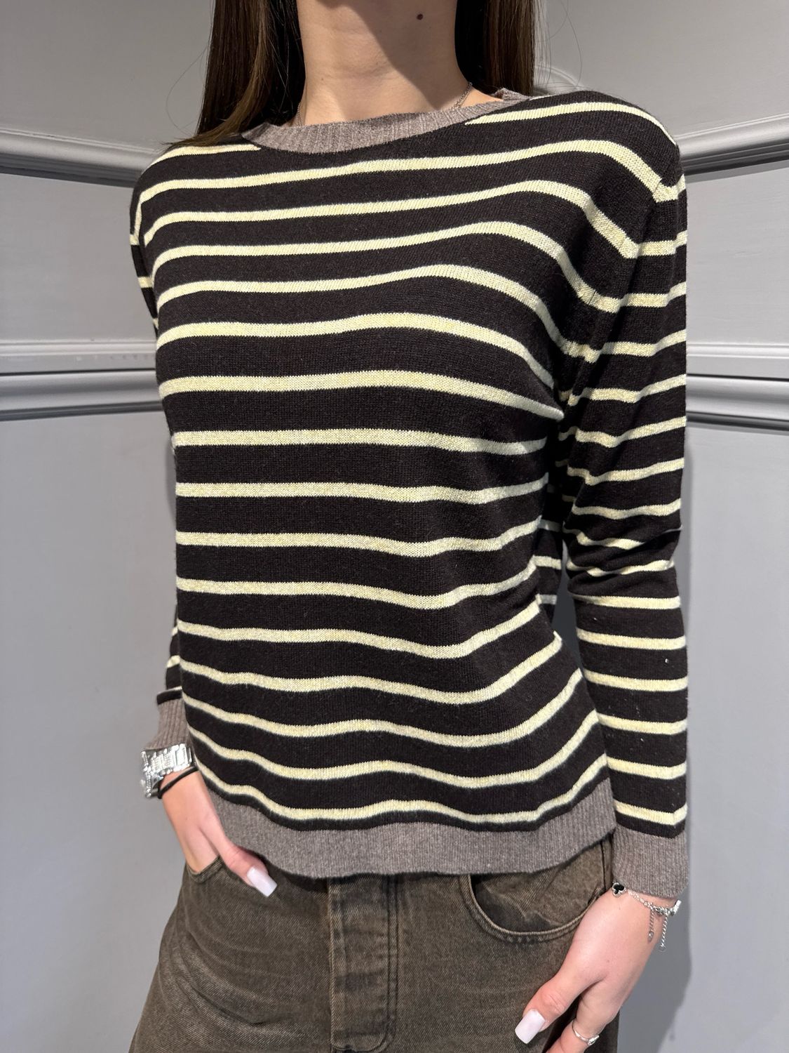 Tensione in - maglia scollo barca a scatoletta a righe moro, giallo beige 10848 ai 25