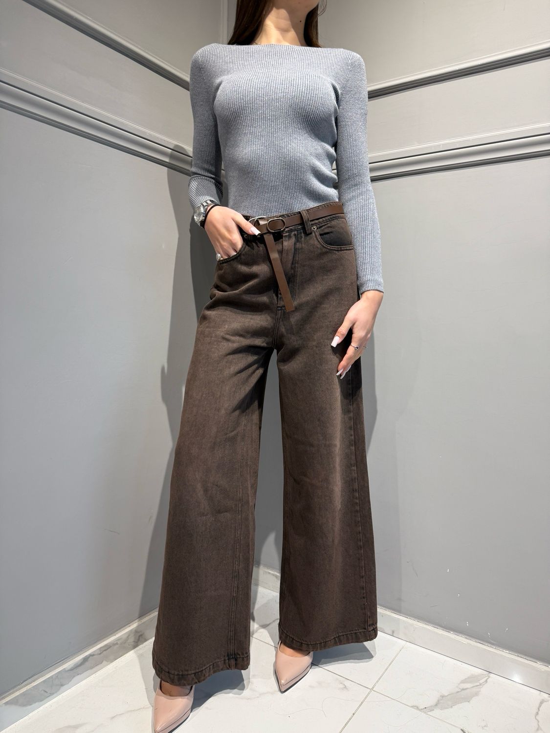 MOTEL - pantalone in jeans a palazzo sfumato W25PB11 - moro