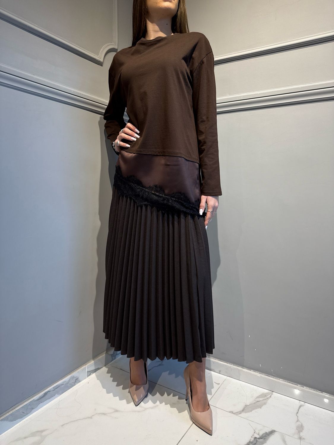 VICOLO - gonna lunga plisse con elastico in vita TF2193 moro