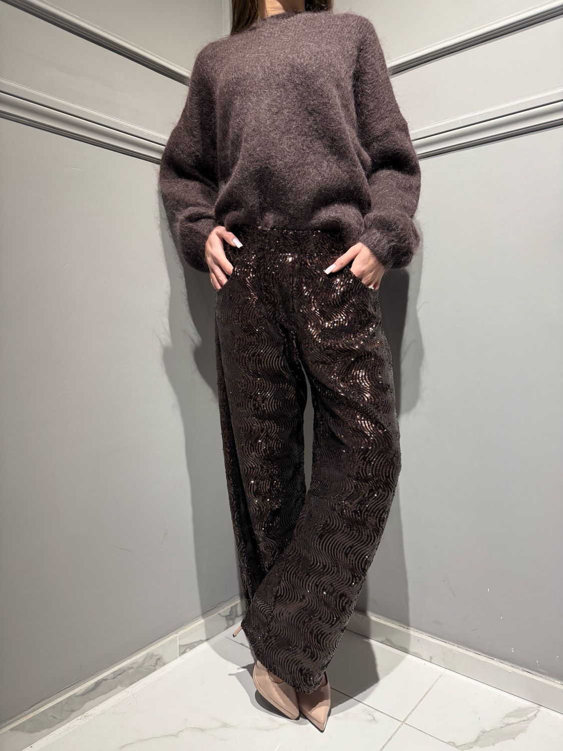 MOTEL - pantalone ballon con paillettes W25PC52 moro