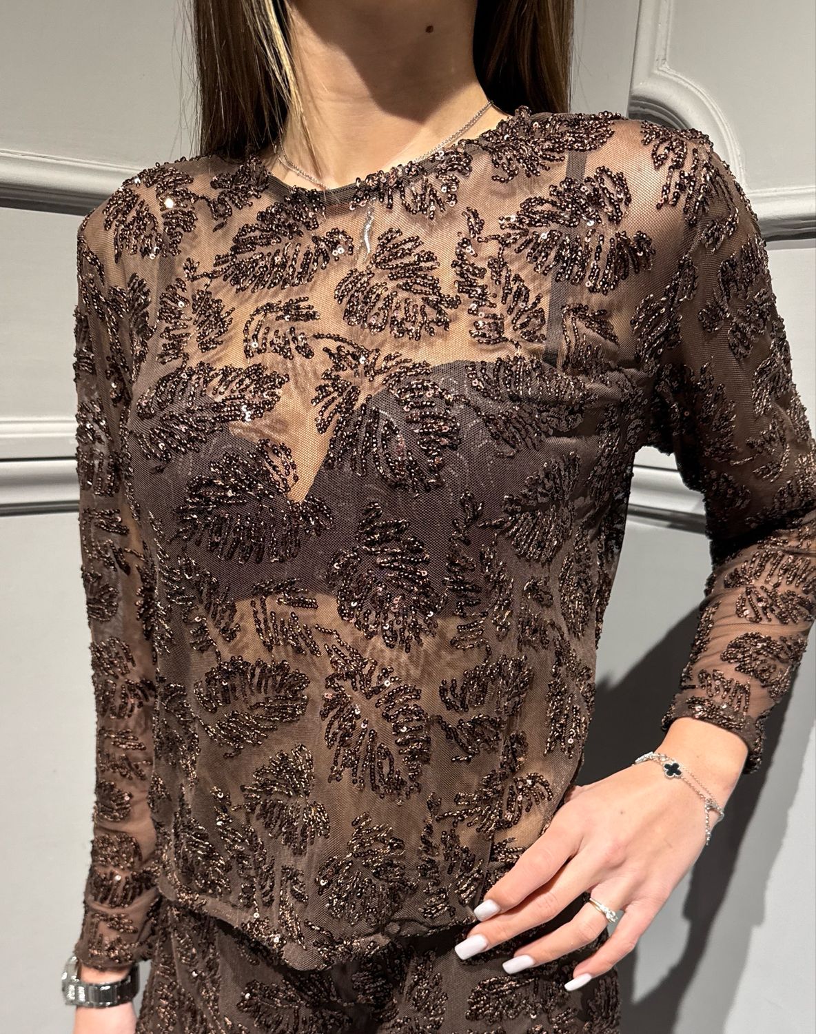 TENSIONE IN - blusa toulle con perline e strass 26c1665 moro