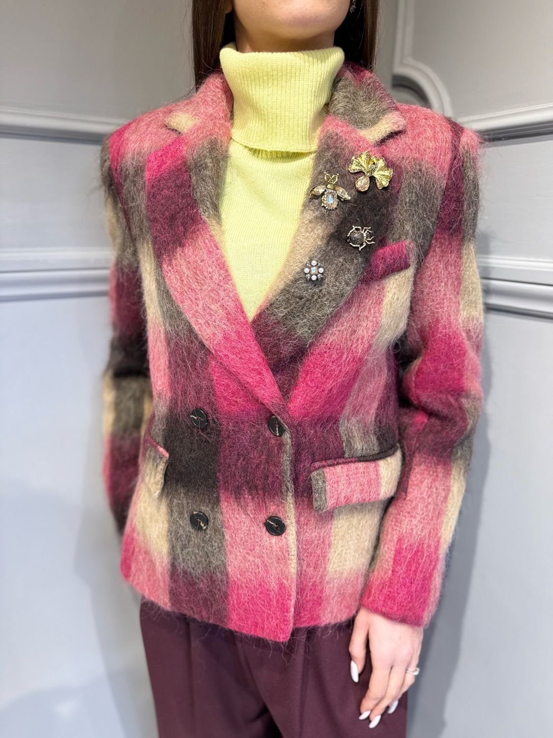 MOTEL - giacca cappotto doppiopetto 26B1605 fucsia/beige/moro