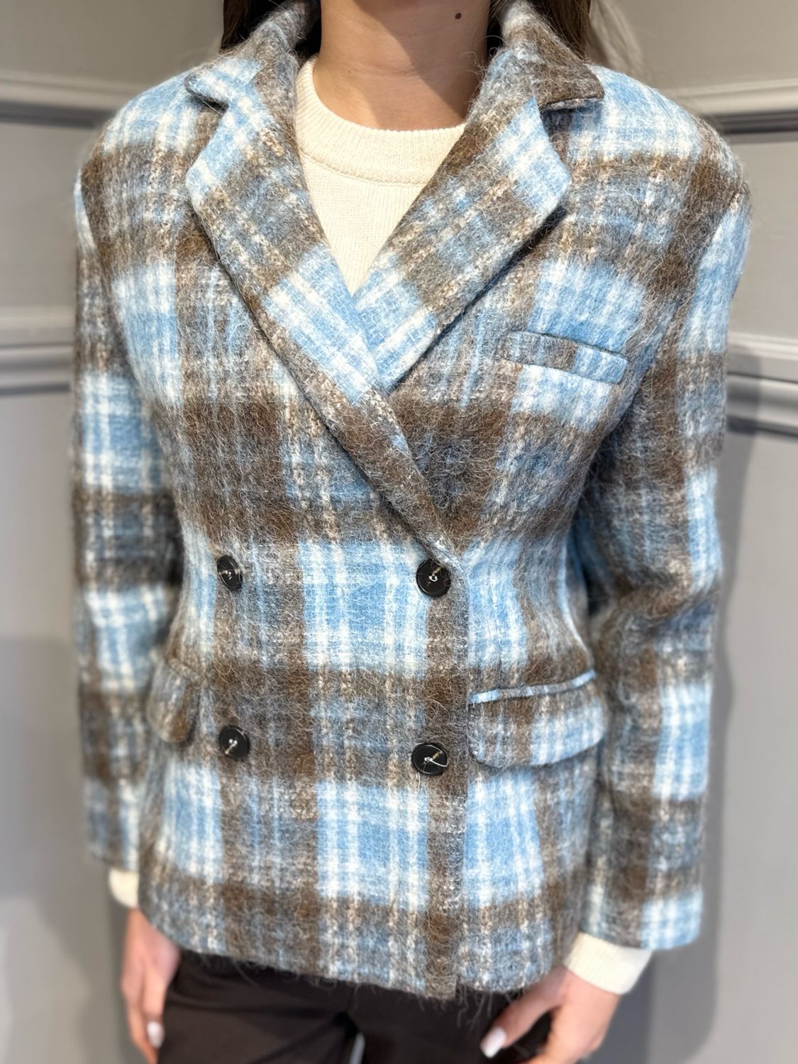 TENSIONE IN - giacca cappotto doppiopetto quadri 26B1635 moro/celeste