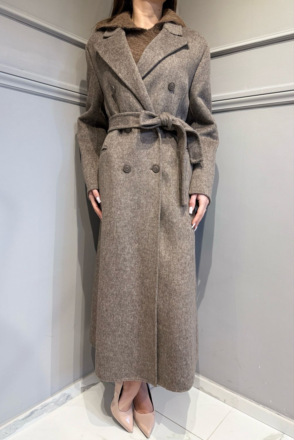 HAVE ONE - cappotto handmade doppiopetto struttato con spalline e cintura KCT-P013 moro