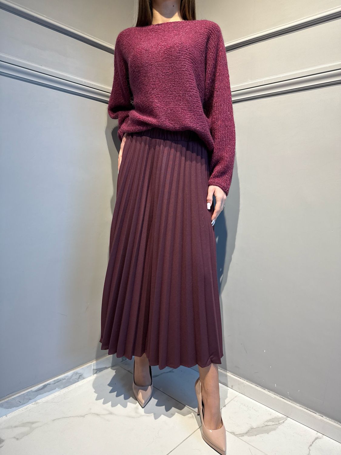 VICOLO - Gianna lunga plisse’ soleil con elastico in vita TF2193 bordeaux