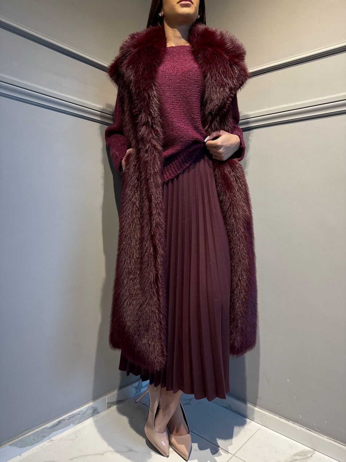 MOTEL - gilet in pelliccia ecologica lungo bordeaux 225079-1L