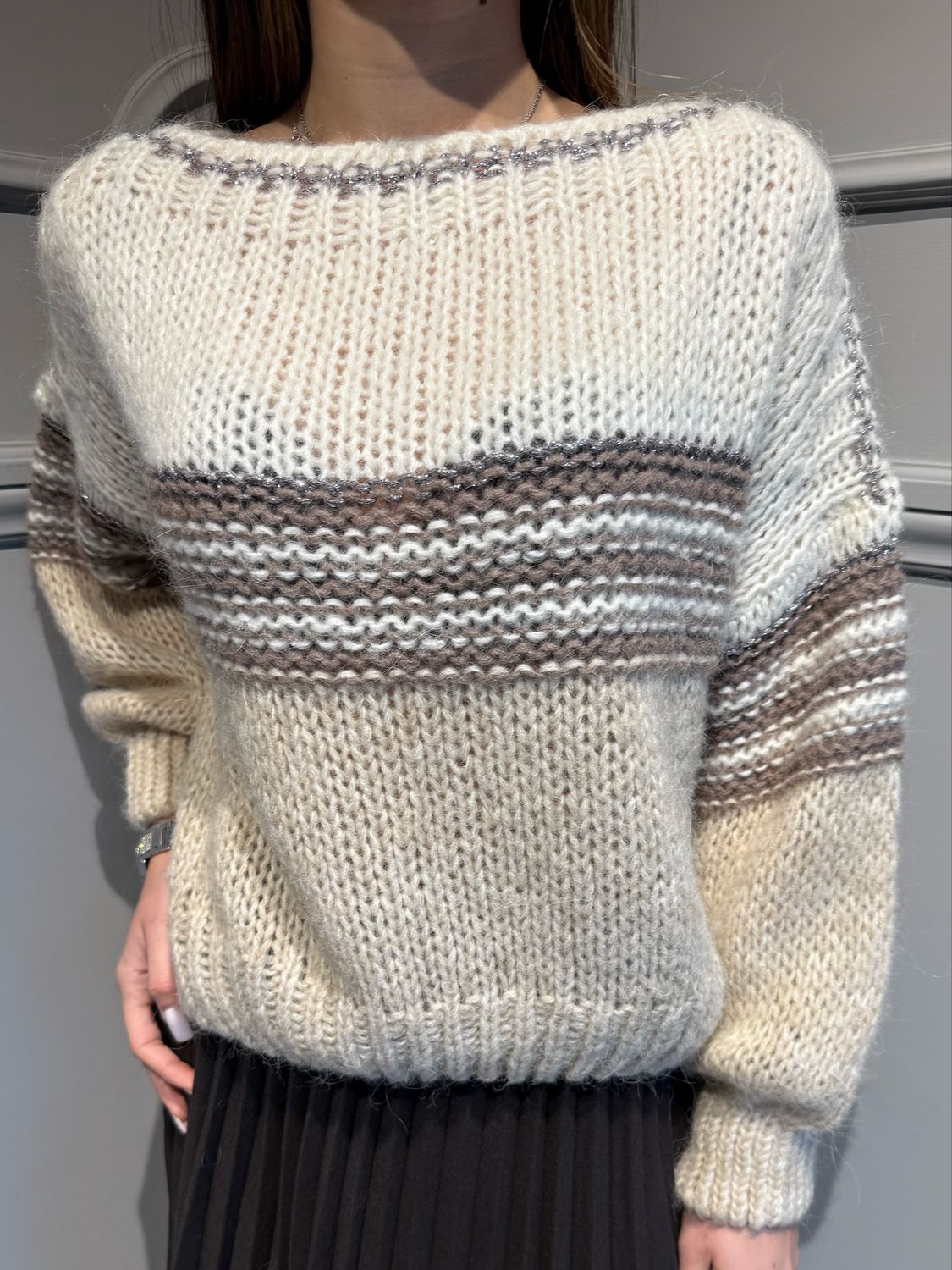 TENSIONE IN - maglia scollo a barca con fili in lurex H23012T panna/moro/tortora/beige