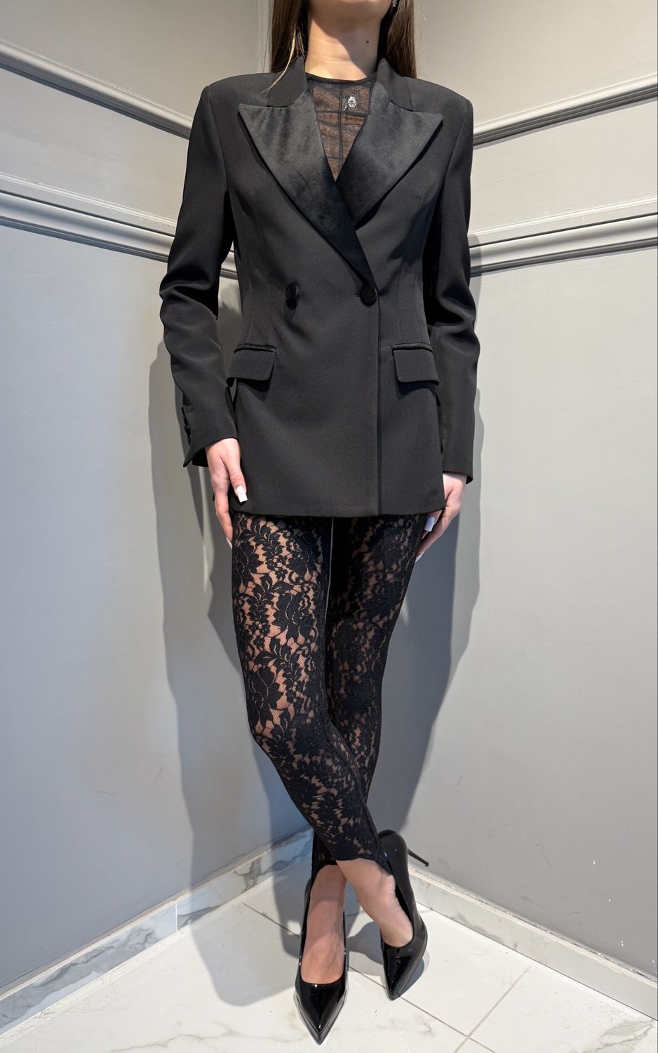 VICOLO - leggings in pizzo e brillantini UF0192 nero