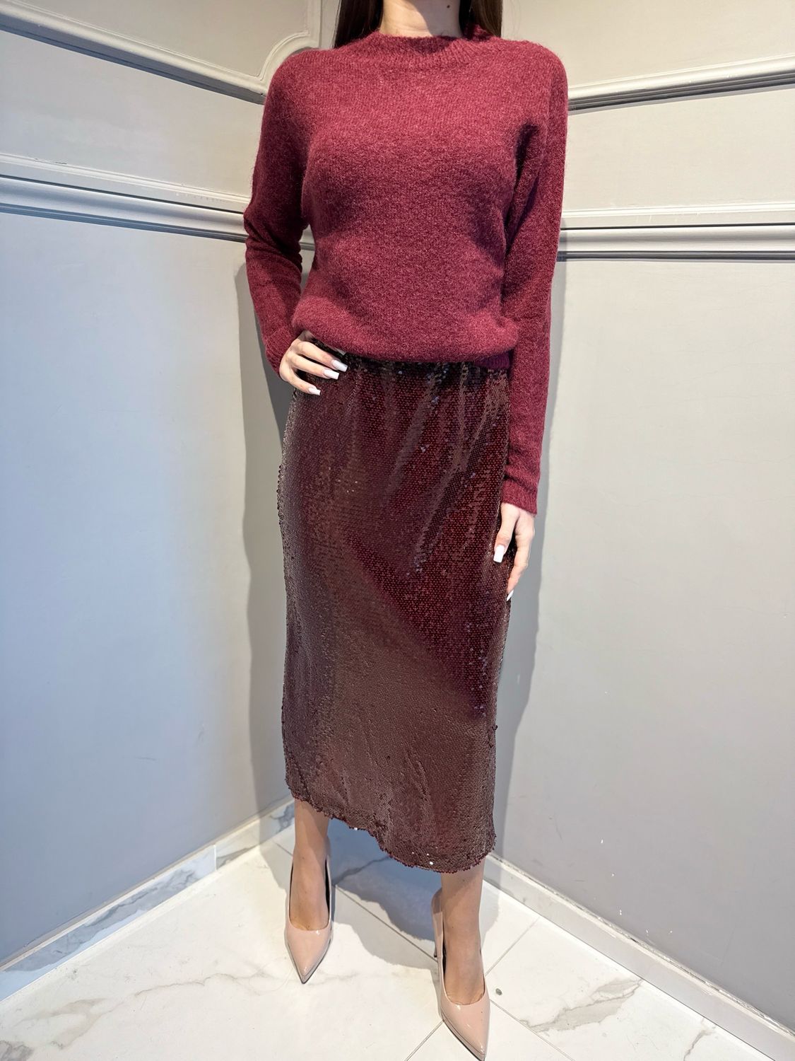 TENSIONE IN - gonna longuette in paillettes bordeaux