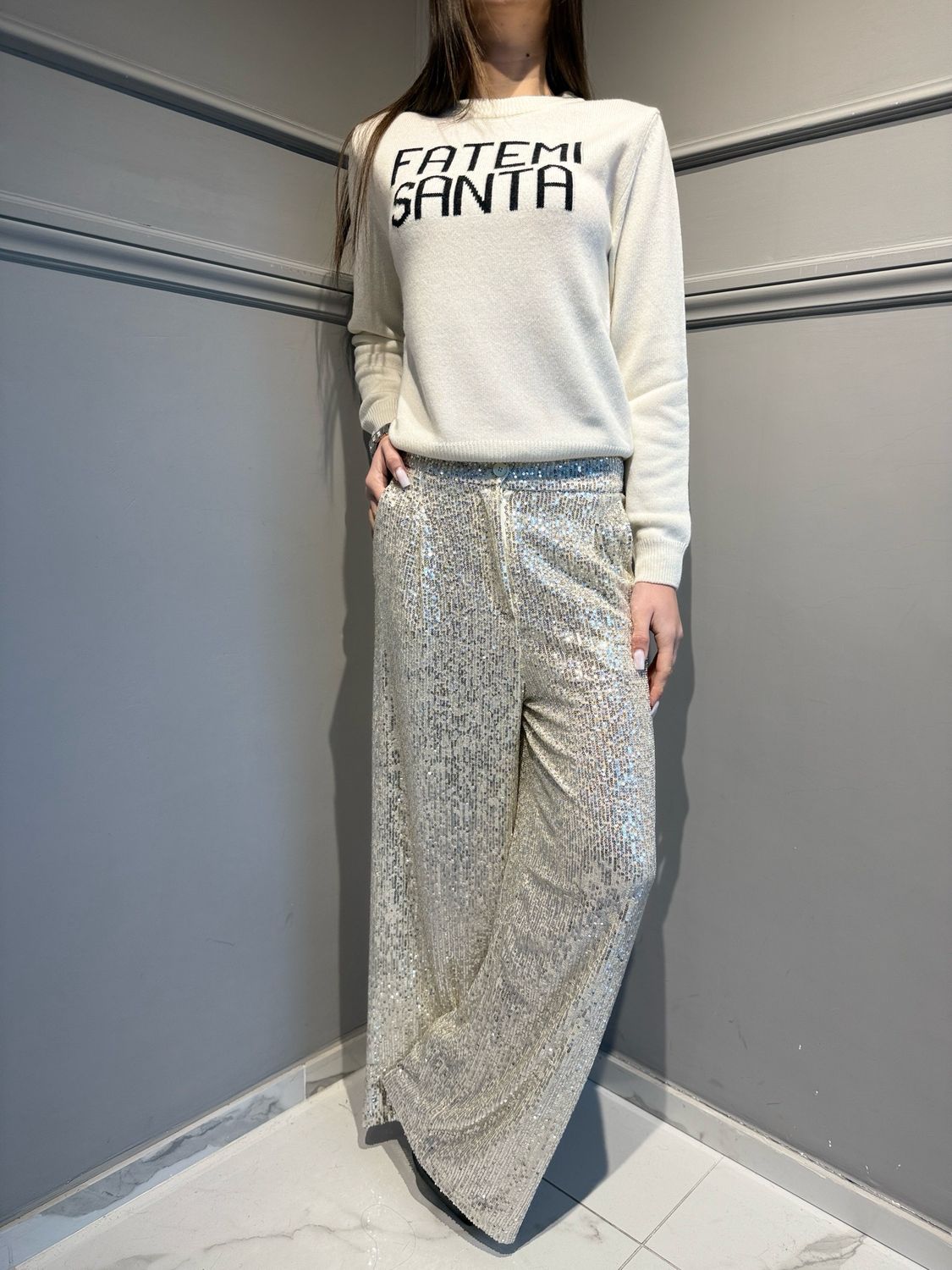 VICOLO - pantalone a palazzo con pences in paillettes platino