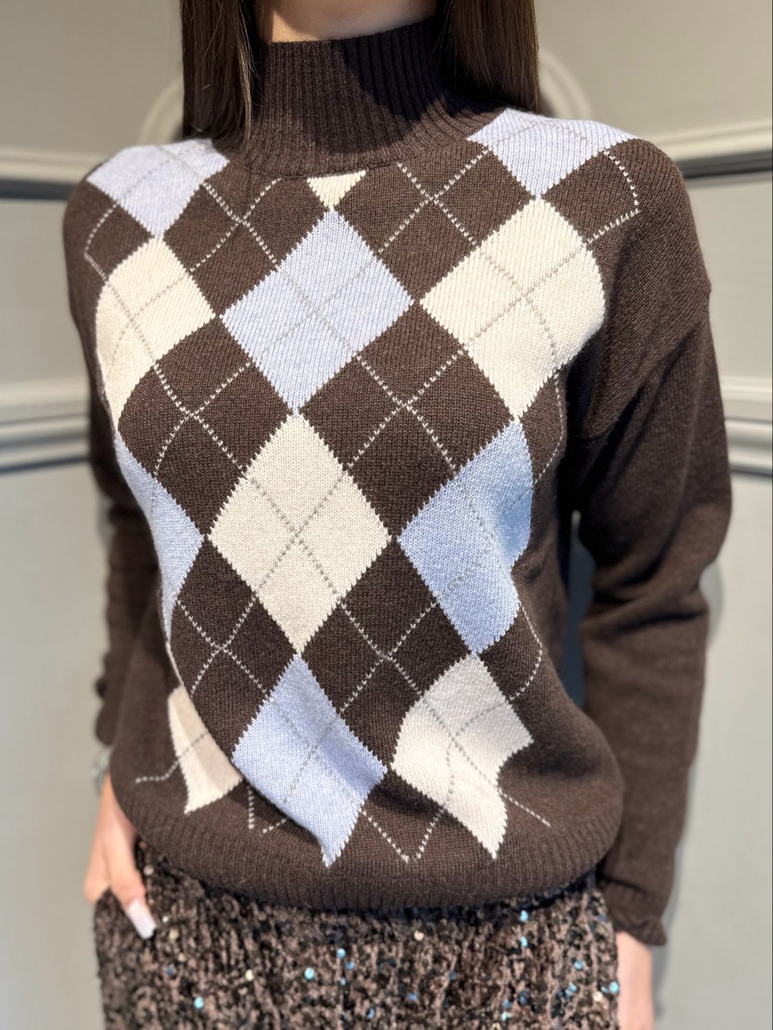 MOTEL - maglia a rombi lupetto D82058 Moro/panna/celeste