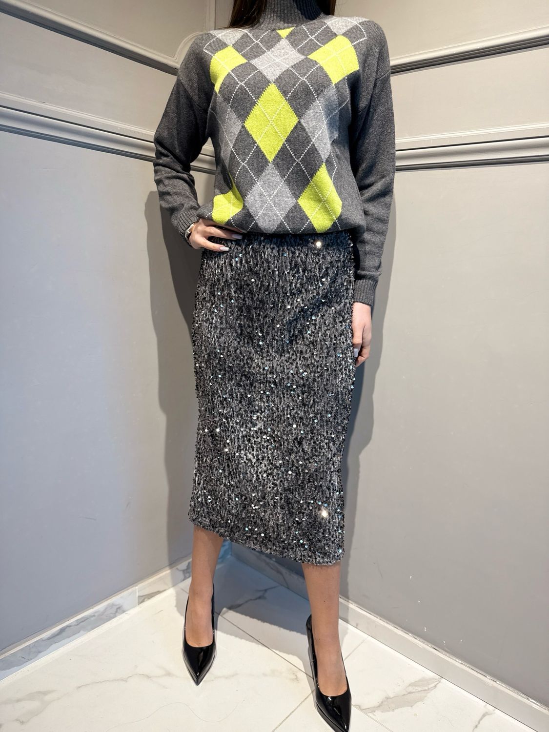 TENSIONE IN - gonna longuette in paillettes grigio