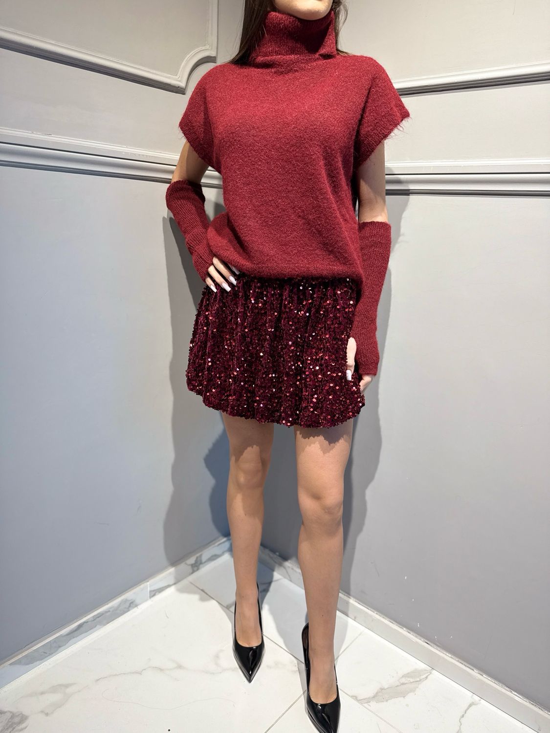 TENSIONE IN - minigonna a palloncino in paillettes bordeaux