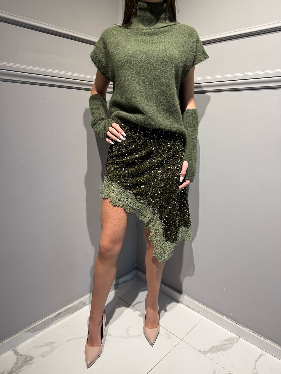 MOTEL - gonna in paillettes e pizzo W25GC65 verde