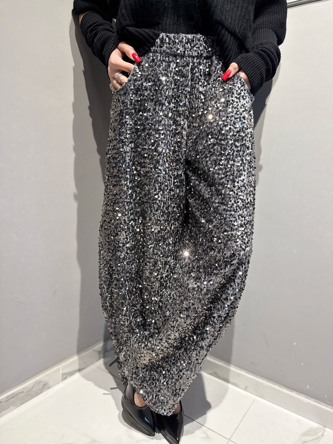 MOTEL - pantalone Baloon in paillettes w25PC53 grigio