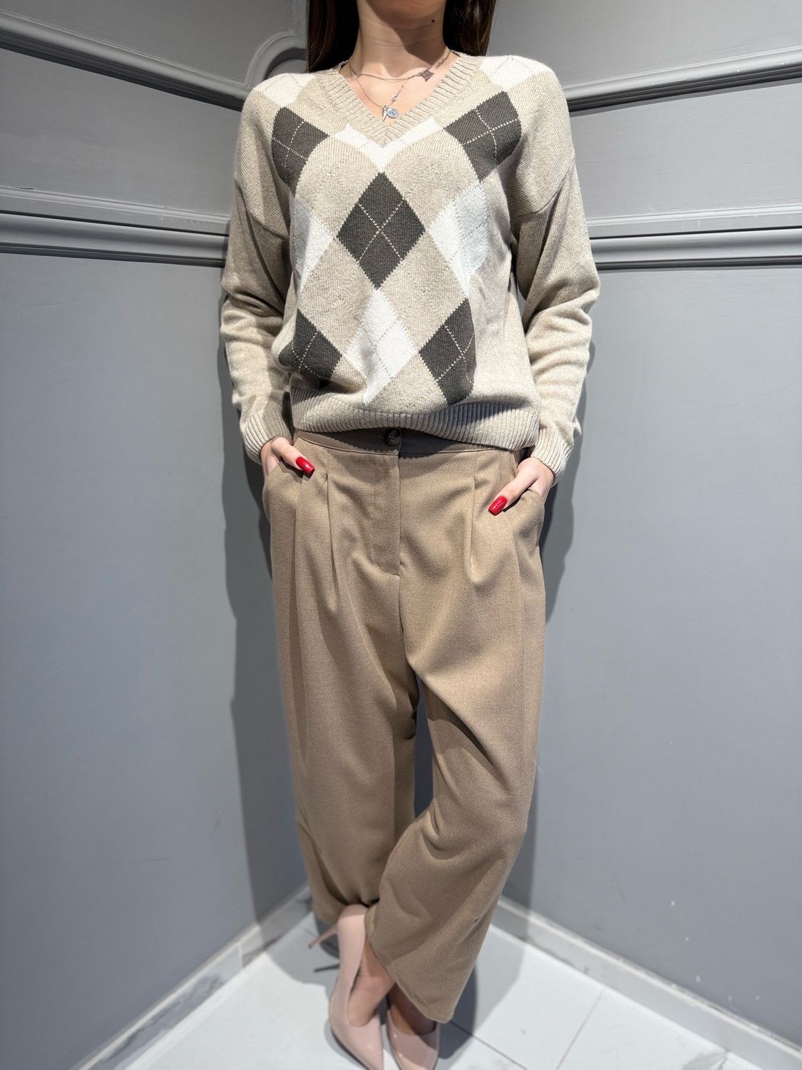 VICOLO - pantalone in flanella con pences TF1909 beige