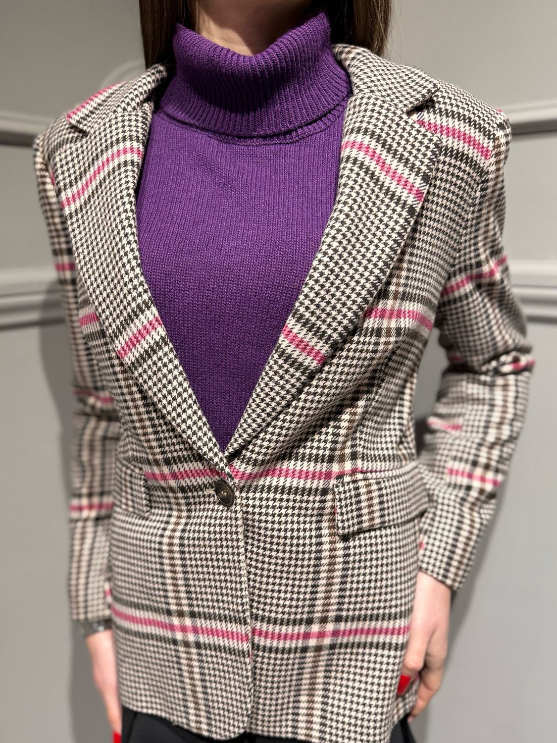 TENSIONE IN- giacca avvitata monopetto check 26B1524 - fucsia/moro/beige/moro/nero