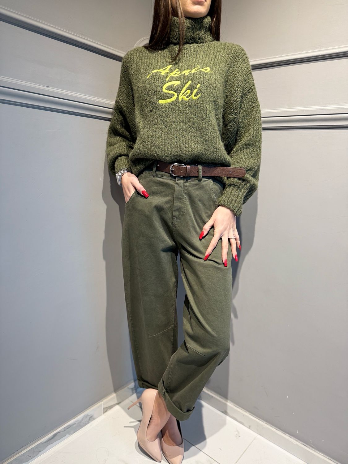 MOTEL - pantalone a ovetto elasticizzato caldo cotone verde militare