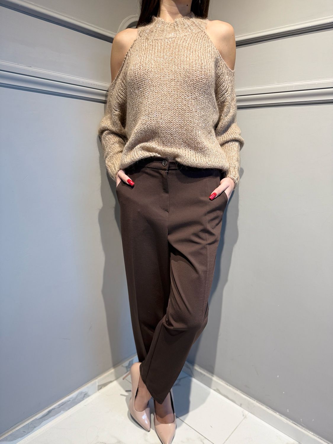 TENSIONE IN - pantalone in punto Milano con elastico dietro 25P1621 moro