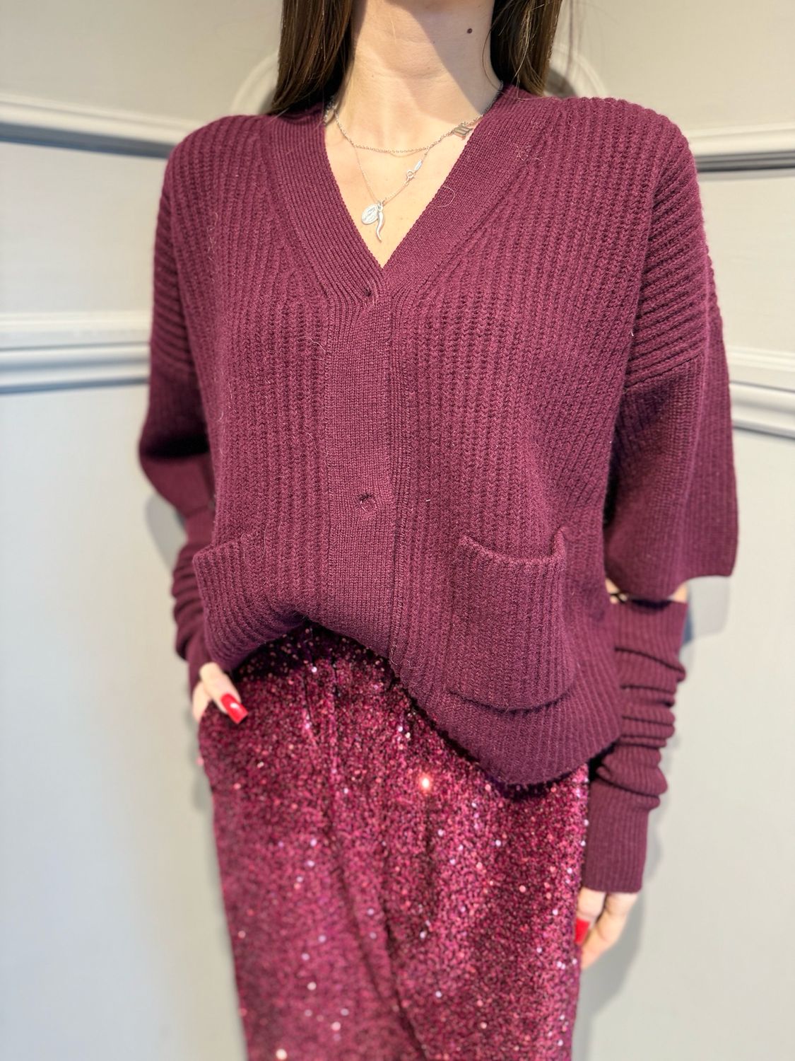 TENSIONE IN - cardigan con manicotti in pura lana WL771AI25 vino