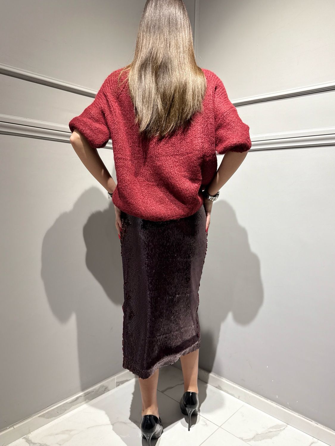 VIVOLO - gonna longuette in paillettes con spacco bordeaux