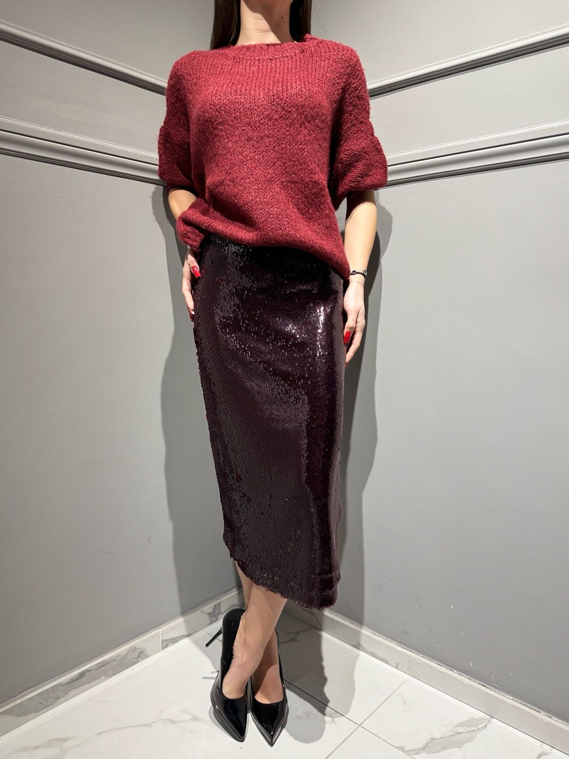 VIVOLO - gonna longuette in paillettes con spacco bordeaux