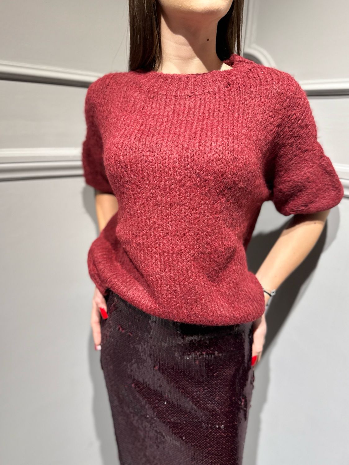 VICOLO - maglia a girocollo manica corta bordeaux