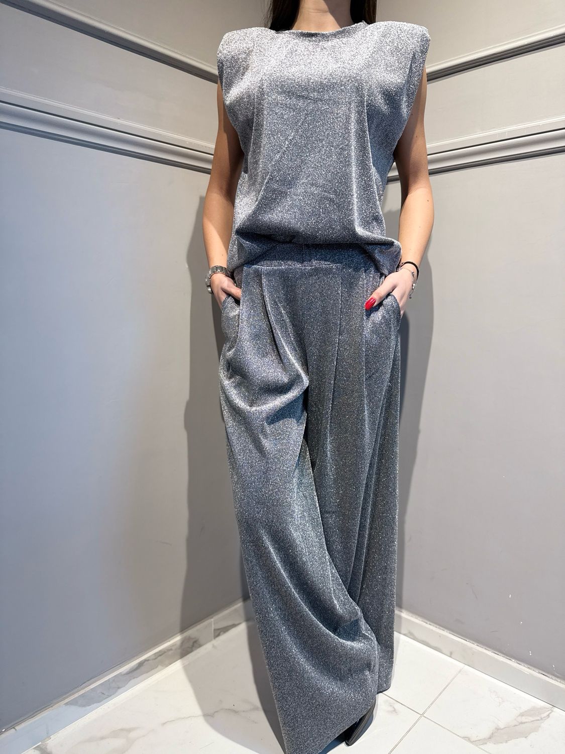 VICOLO - blusa in lurex morbida grigio/argento