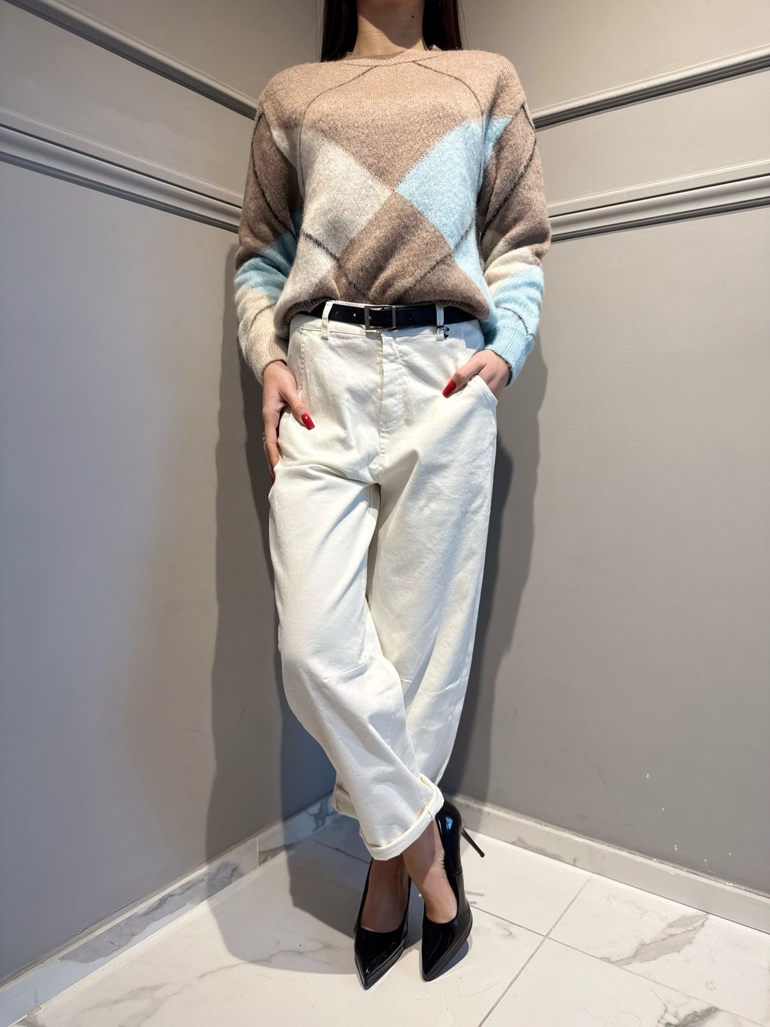 TENSIONE - pantalone in fustagno elasticizzato a ovetto panna